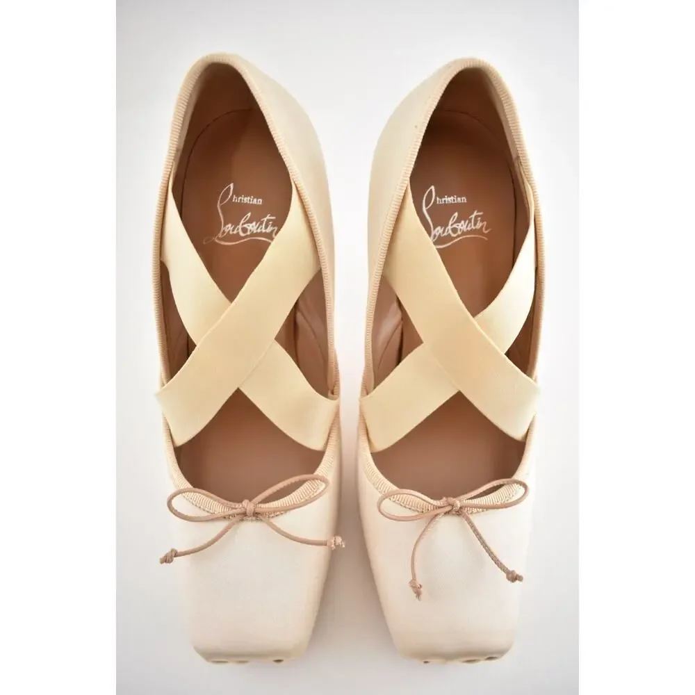 Christian Louboutin Cassiastic 100 Blush Nude Satin Strap Ballet Heel Pump 38.5